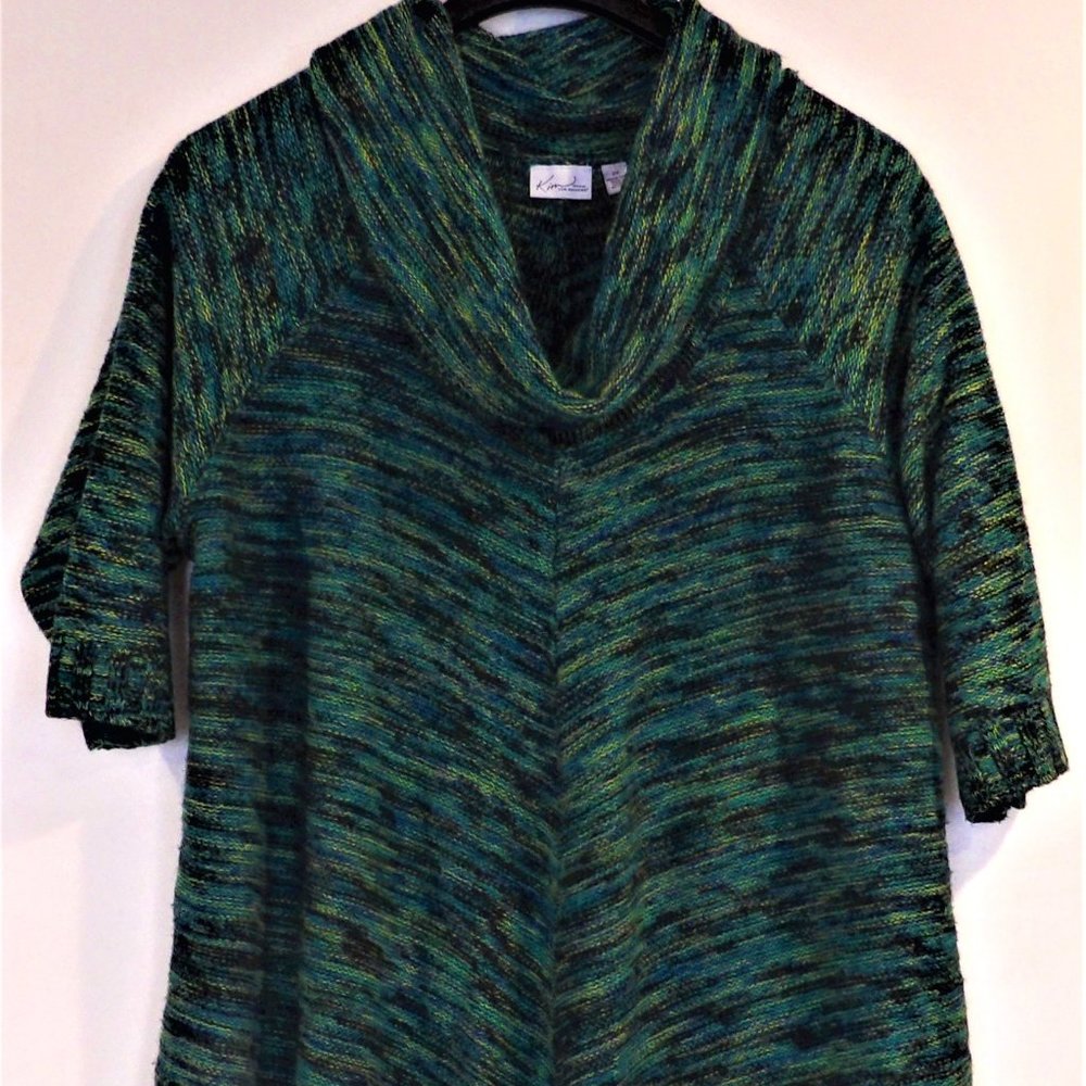 Green Multi-Colored Cowl-Neck Tunic Sweater Kim Rogers 2X